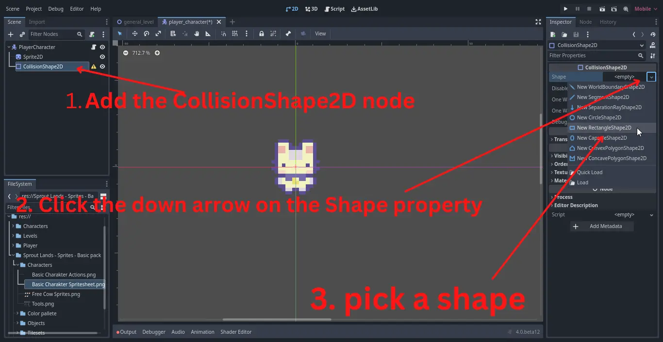 Add collision shape to player character in Godot 4